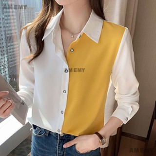 AMEMY白領麗人 女裝2025新款春秋韓版拼色襯衫長袖雪紡衫襯衫女打底寬鬆上衣百搭
