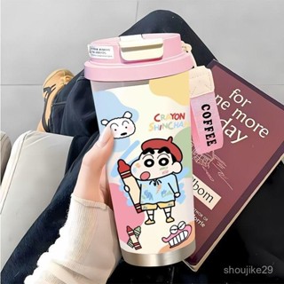 蠟筆小新水杯好看ins大容量適閤學生用雙層飲水杯可噹汽車駕駛便攜家用咖啡杯不銹鋼va
