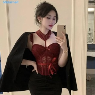 DARNELL 蕾絲吊帶背心三角褲套裝,熱情套裝鏤空網眼女式內衣,辣妹風格睡衣無袖修身蝴蝶結蕾絲緊身胸衣角色扮演派對
