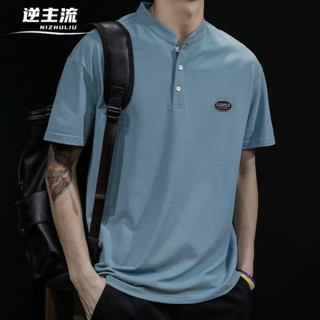 【現貨特價】藍色XLPolo衫 日系復古短袖POLO衫 夏季男翻領短袖T恤 美式寬鬆半袖上衣 港風百搭半袖Polo衫