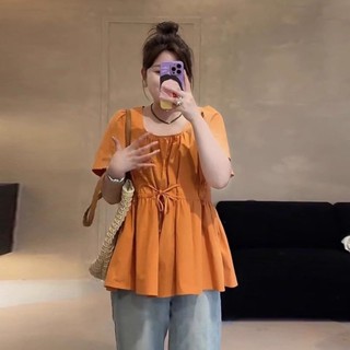 法式短袖T恤女 設計感腰間抽繩上衣 韓版顯瘦T恤 大碼女裝 胖mm顯瘦上衣 夏季寬鬆遮肚襯衫 JCL服飾