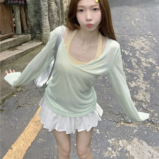 《現貨下單》純慾風套裝V領薄款罩衫T恤女夏季韓版小眾內搭掛脖背心上衣時尚兩件套