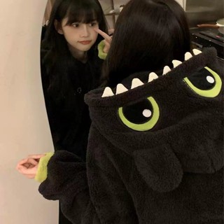 可愛無牙仔連帽珊瑚絨睡衣女冬款新款卡通保暖加厚毛絨家居服套裝