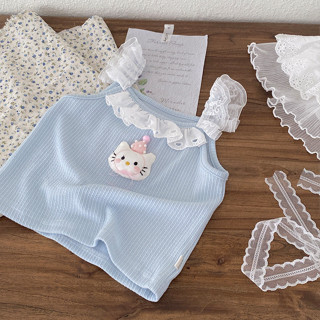 夏季兒童女孩衣服可愛卡通貓圖案吊帶蕾絲甜美女孩上衣