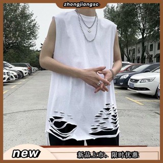 破壞背心 長版T裇 背心T恤男新款潮流嘻哈街頭撕裂破洞寬松中長款無袖內搭疊穿 長版內搭上衣圓弧下擺