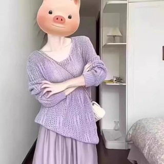 【HOT 本舖】 韓系溫柔風V領寬鬆鏤空毛衣罩衫女春季小個子長袖外搭針織衫上衣