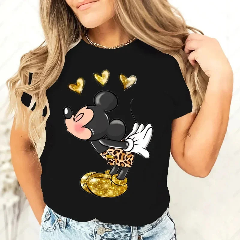 米老鼠新款女式豹紋 T 恤女式米老鼠家庭女士服裝可愛 Y2k 短袖 T 恤女式上衣