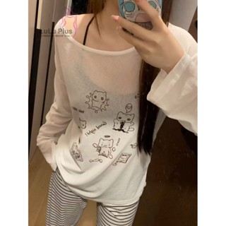 優品 夏季慵懶風寬鬆薄款新可愛卡通kt貓罩衫長袖t恤女甜辣妹防曬上衣寬鬆顯瘦防曬衣 罩衣 女生夏天罩衫YM