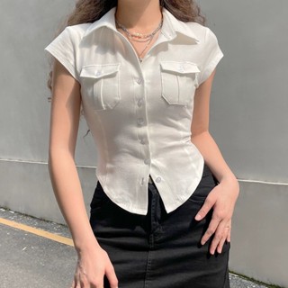 熱賣！F&X 個性襯衫風翻領短袖T恤女夏新款修身顯瘦設計感露臍辣妹上衣潮