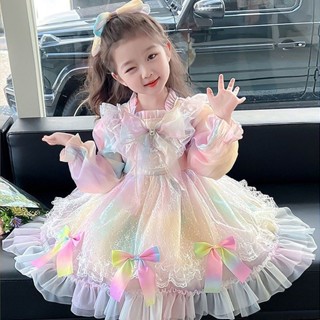 阿蓮家 上線 熱賣 2506 女童蘿莉塔公主裙小女孩春秋2025新款洋氣兒童蓬蓬彩虹網紗洋裝
