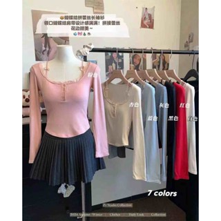 【HOT 本舖】 蝴蝶結拼蕾絲長袖衫領口蝴蝶結肩帶帶胸墊拼接蕾絲花邊甜美上衣