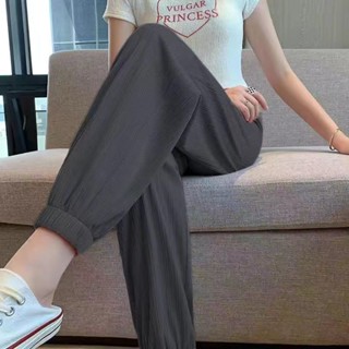 胖胖美依 休閒褲 長褲 寬褲 冰絲運動褲女夏季薄款高腰寬鬆垂感束腳褲休閒燈籠褲子-7166.