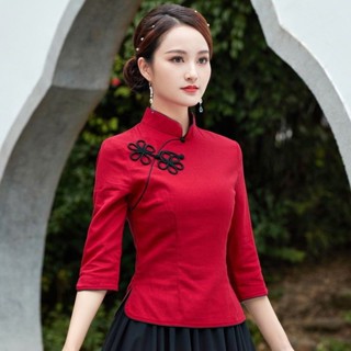 春漢服中國風茶藝服紅色唐裝改良旗袍式上衣民國民族風復古女裝