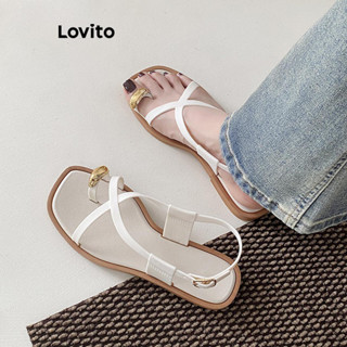 Lovito 休閒平底涼鞋素色交叉人字拖時尚夏季百搭軟底防滑外穿平底涼鞋女 LFA62259