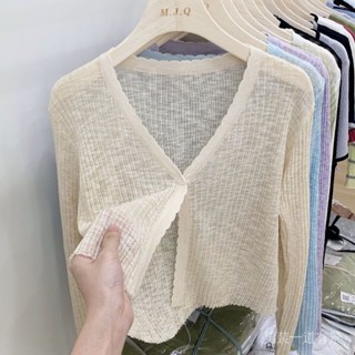 女裝 罩衫外套 長袖上衣女 女生衣服長袖 短版上衣 防曬開衫上衣女夏季薄款夏天針織冰絲開衫長袖黑色外搭短款空調衫
