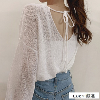 Lucy💕chic復古針織衫女夏鏤空薄款罩衫防曬衫露背寬鬆長袖v領上衣