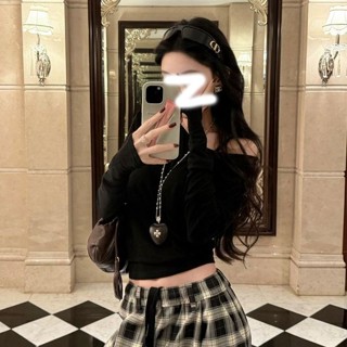 【HOT 本舖】童裝 辣妹穿搭斜肩白色長袖防曬罩衫女春夏季新款寬鬆露肩短款t恤上衣