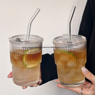 ✦ 吸管杯 ✦ 現貨 ins風條紋咖啡杯帶吸管帶蓋玻璃隨手杯夏季冰美式拿鐵杯 喝水杯 子