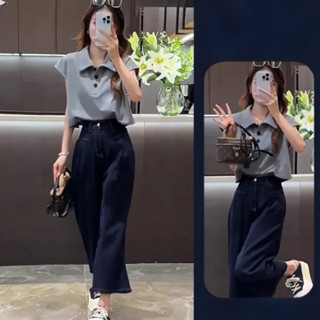 【新品女裝】牛仔裝 夏日套裝 洋氣套裝 大尺碼套裝 新款時尚穿搭Polo領短袖上衣+牛仔褲兩件套 滿額免運