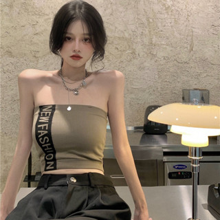 【臺灣出貨】 抹胸 帶胸墊 夏季女字母印花帶胸墊兩穿短款露肩抹胸白色背心弔帶外穿內搭上衣