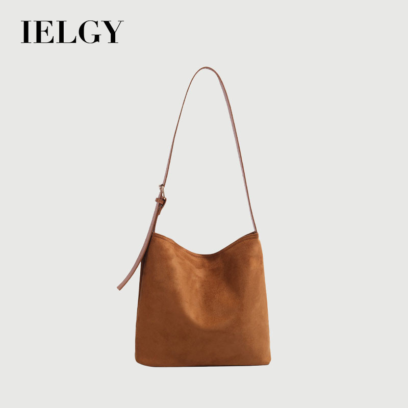 IELGY 秋冬磨砂麂皮絨面水桶包 大容量復古通勤單肩托特包