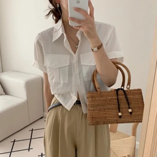 【HOT 本舖】 尺寸更新chic韓版夏季復古工裝口袋POLO領休閒簡約單排扣襯衫上衣
