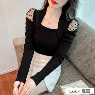 Lucy💕2025早春新款方領露肩網紗拼接長袖t恤女設計感小眾法式純欲上衣