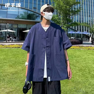 【現貨特價】藍色M短袖襯衫 日系復古棒球領襯衫 美式寬鬆短袖襯衫 男夏季寬鬆半袖上衣 情侶百搭休閒襯衫 ins工裝襯衫