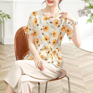 【HOT 本舖】童裝 媽媽中年夏裝大碼短袖T恤上衣服夏季中老年女裝套裝雪紡衫小個子
