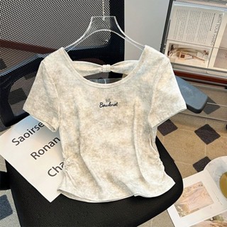 設計感紮染刺繡短袖T恤女夏季2025新款後背鏤空200斤上衣女設計感紮染刺繡字母短袖T恤女20250524