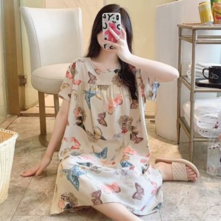 [現貨下單]棉綢睡裙女夏季薄款人造棉睡衣簡約短袖洋裝外穿大尺碼寬鬆居家服