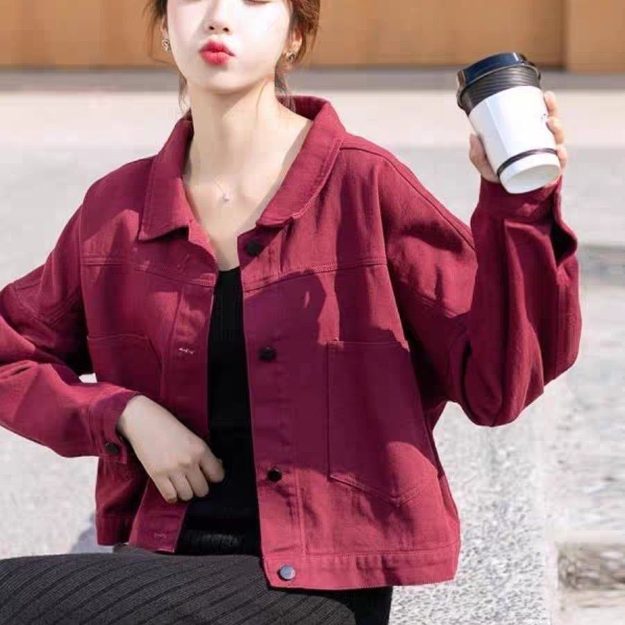 寬鬆韓時尚酒紅色上衣女牛仔外套