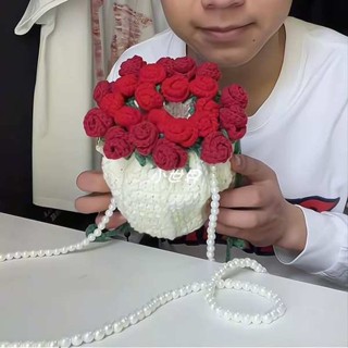 防水提袋 花束提袋 手工編制包包自制DIY毛線玫瑰花束口包材料包創意520禮物送女生