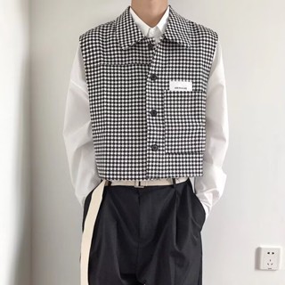 復古格子馬甲外套男 春秋季寬鬆韓版ins潮流痞帥短版背心無袖上衣