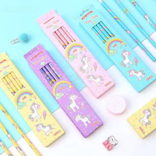 素·妍精品薈 可愛文具 學生文具 學生用品 12件/套卡通獨角獸鉛筆HB學生兒童素描繪圖學習用品 臺灣出貨 限時下殺