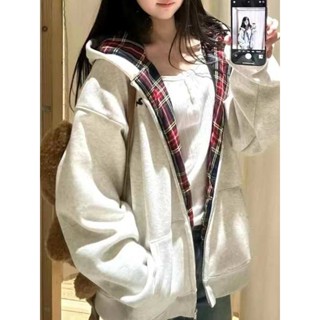 衝鋒戰士 衝鋒衣 衝鋒外套男 美式復古格子連帽大學T女春秋oversize薄款外套寬鬆慵懶風小外套上衣