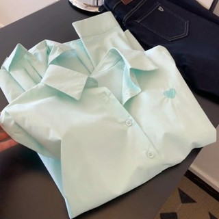 衣時尚 上衣 防曬外套 薄外套 襯衣 空調衫 S-2XL新款小清新綠色長袖襯衫寬鬆疊穿打底襯衣小眾超上衣-4575.