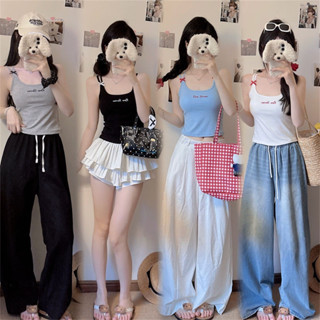 【HOT 本舖】 夏款純欲字母刺繡交叉鏤空吊帶背心女一體式帶胸墊內搭顯瘦上衣