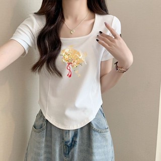 胖胖美依 上衣 T恤 短袖上衣 M-2XL夏季新款純棉方領短袖t恤洋氣設計感魚骨韓版修身顯瘦短款上衣-7022.