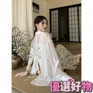 本土出貨🔥開衫 夏天外套設計感後背鏤空繫帶百搭襯衫女秋夏薄款防曬襯衣外套寬鬆上衣女潮