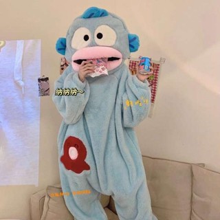 醜魚漢頓 醜魚睡衣 醜魚 漢頓醜魚珊瑚絨加厚保暖連身睡衣女秋冬季卡通搞怪情侶睡袍長款男