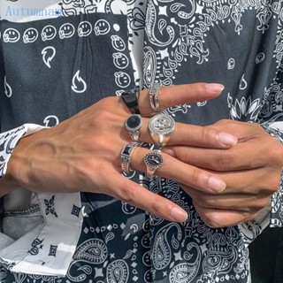 AUTU 6 件裝朋克銀金色鏈環男士嘻哈復古幾何套裝中性情侶 Emo 潮流珠寶戒指