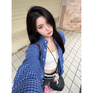 [閱己服飾]MIU氣十足秋季韓版寬鬆設計感藍色格紋長袖襯衫女氣質休閒上衣