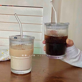 現貨 ins風條紋咖啡杯 帶吸管帶蓋玻璃隨手杯 夏季冰美式拿鐵杯 喝水杯子