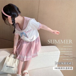 現貨🚀女童洋裝🌸兒童水手服 中大童韓版兩件套褲裙 表演服連衣裙 幼兒百褶裙童裝 夏季兒童學院風裙子 JK制服套裝