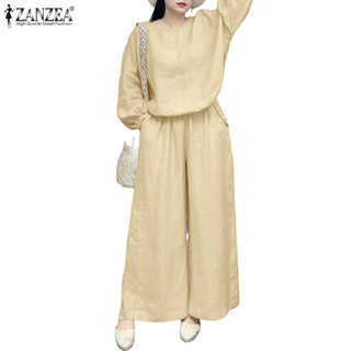ZANZEA 女士休閒圓領長袖上衣配鬆緊腰闊腿褲 2 件套