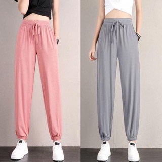 🐷全場免運🐷冰絲運動褲女寬鬆束腳夏季薄款休閒衛褲垂感顯瘦闊腿燈籠黑色褲子