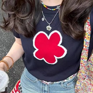 【HOT 本舖】 花朵刺繡針織冰絲小個子短款正肩t恤女夏季歐貨獨特別致短袖上衣
