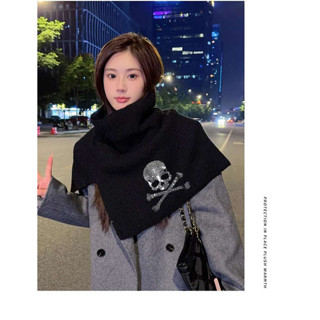 韓國圍巾 圍巾女 圍巾 女生圍巾 羊毛圍巾 LIVIA原創水鑽骷髏頭潮牌開叉高領披肩秋冬韓版百搭針織圍巾套頭