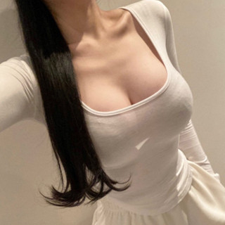 韓國東大門修身百搭性感女人味純慾微透U領低胸顯身材長袖T恤上衣